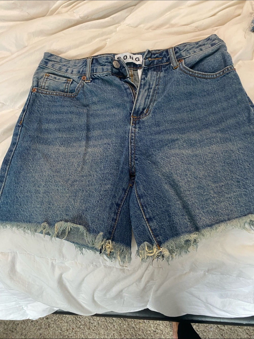 Song Medium Blue High-Rise Frayed Hem Jean Shorts